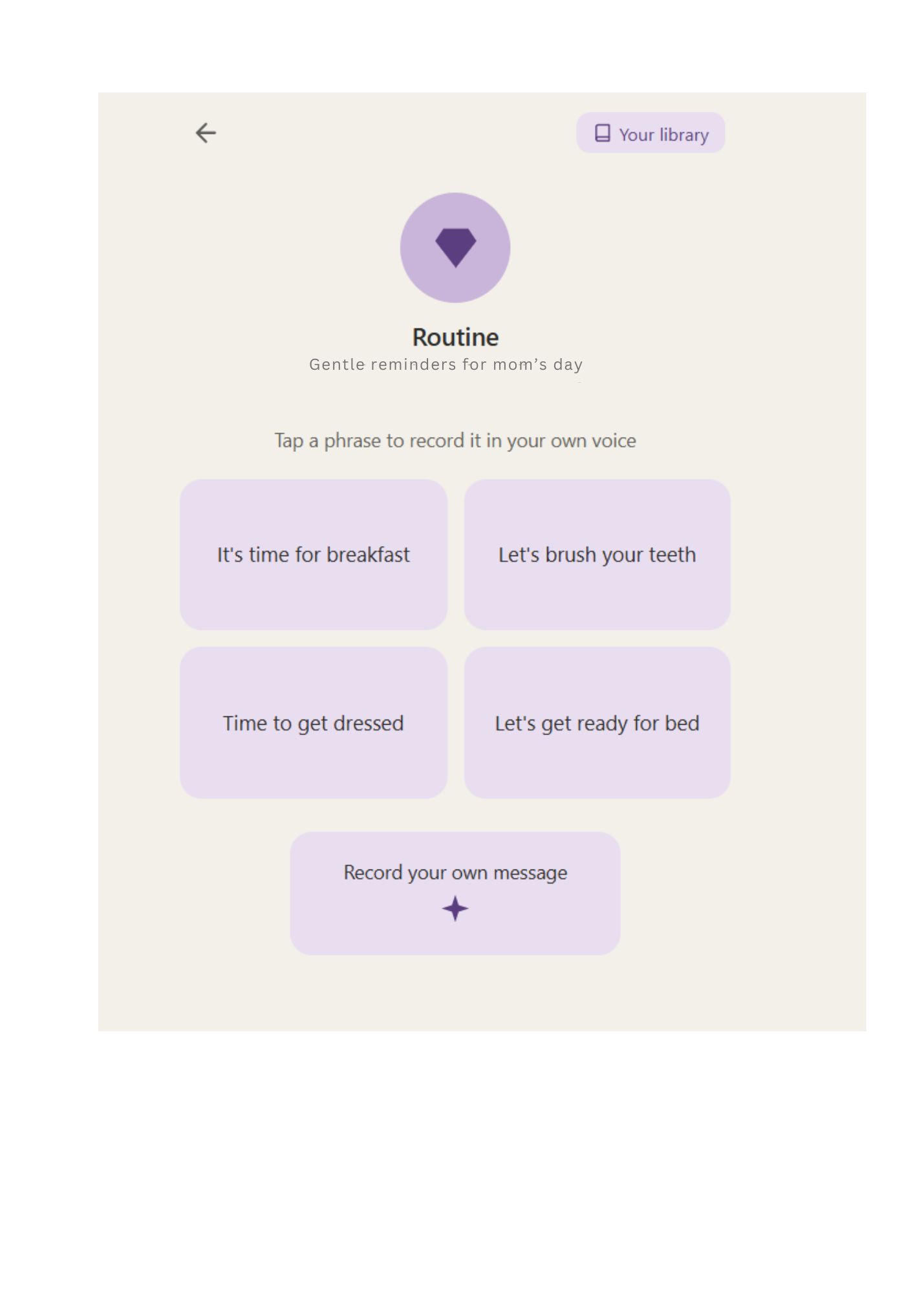 MemoriGems Routine prompts screen — gentle reminders for daily moments