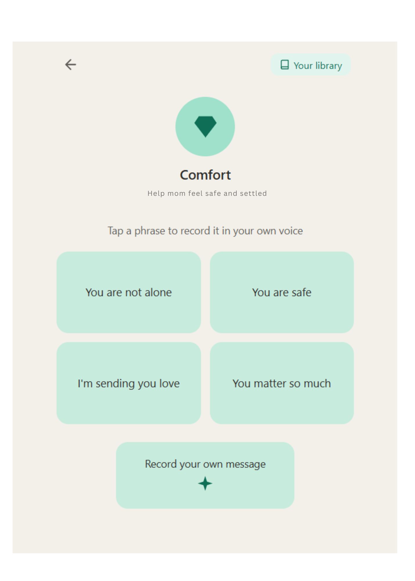 MemoriGems Comfort prompts screen — phrases to help a loved one feel safe and settled